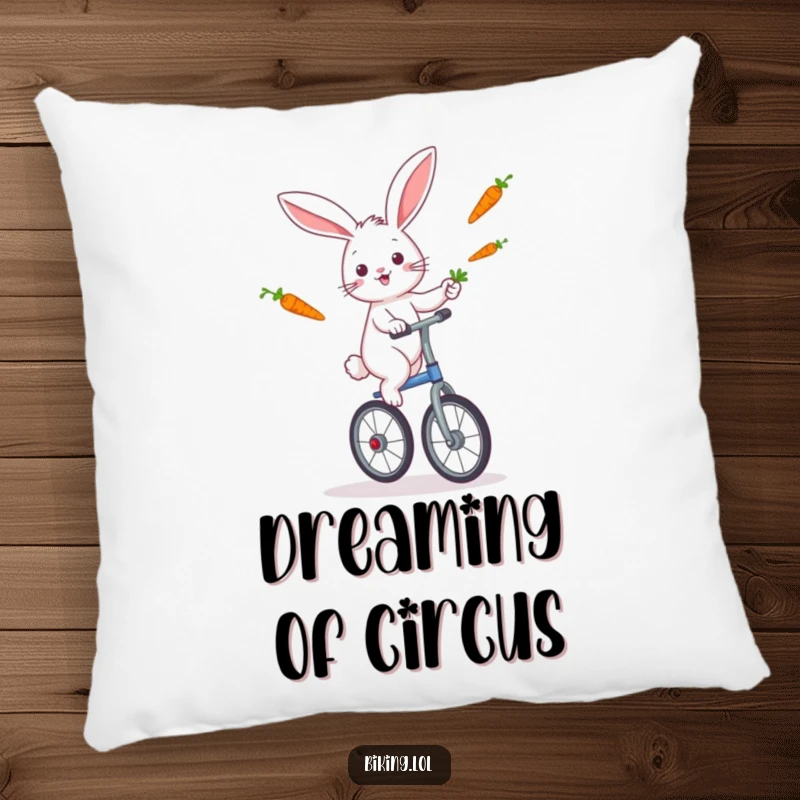 Funny rabbit artistically balancing on a unicycle while juggling carrots, offering plush comfort and humor on a pillow.