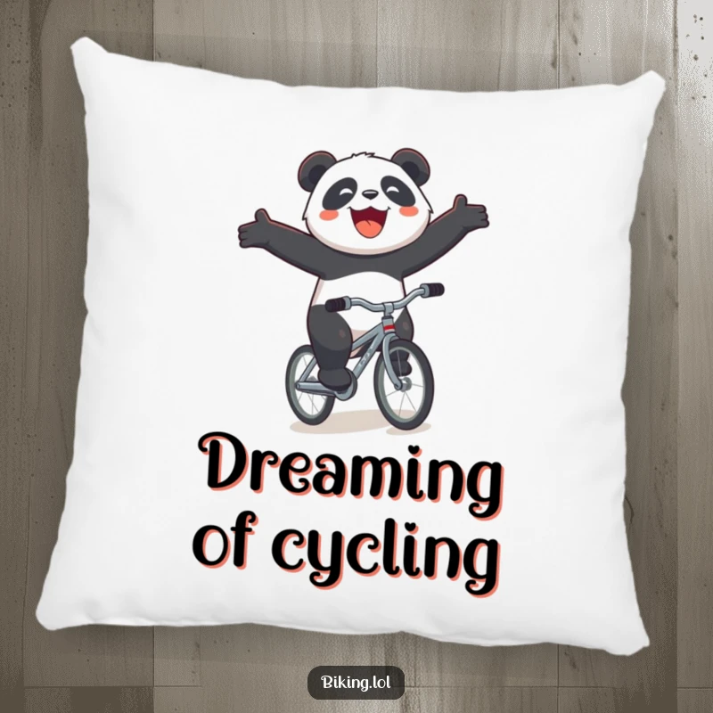Funny panda bicycle pillow, a soft cushion showing a joyous panda riding a tiny bicycle downhill with its arms outstretched and a big smile.