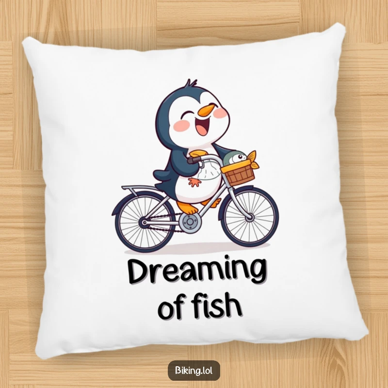 Funny penguin pillow depicting a laughing bird riding a bicycle with a fish in its basket, a soft and humorous accent.