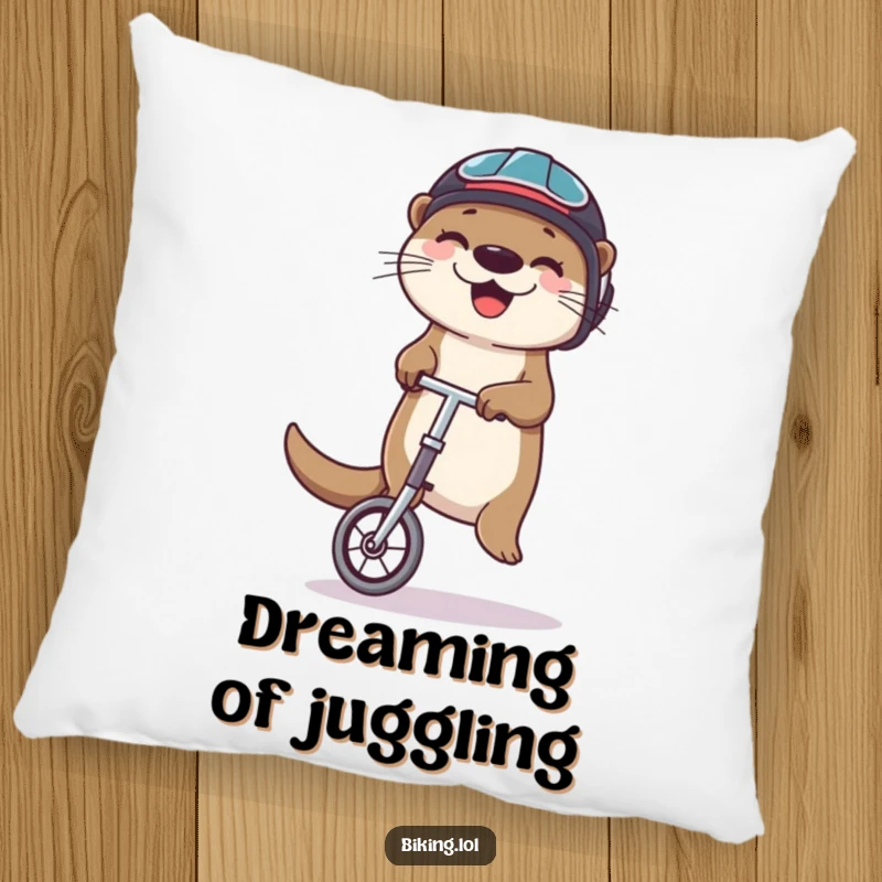 Funny otter pillow featuring a happy otter wearing a helmet, balancing on a unicycle and juggling, soft and decorative.