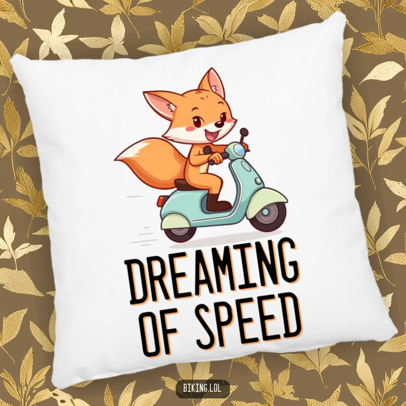 Funny pillow with a grinning fox on a scooter crossing a finish line, soft and a great funny gift.