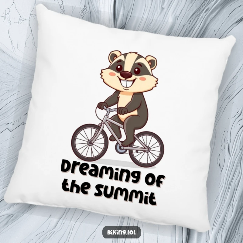 Funny pillow with a determined badger cycling uphill, featuring a massive grin for a humorous touch.