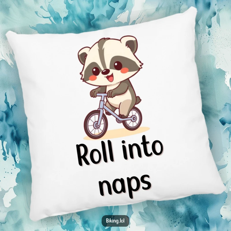 Funny pillow featuring a happy badger on a unicycle, waving, plush and perfect for a funny gift.