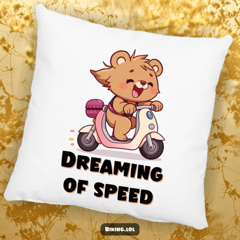 Funny bear cub pillow featuring a cub on a scooter, hair flying, bringing plush comfort and humor, a wonderful funny gift.