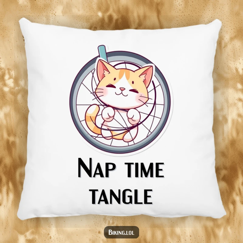 Funny pillow featuring a cat tangled in bicycle spokes, looking bewildered yet happy, offering cozy comfort with a humorous twist.