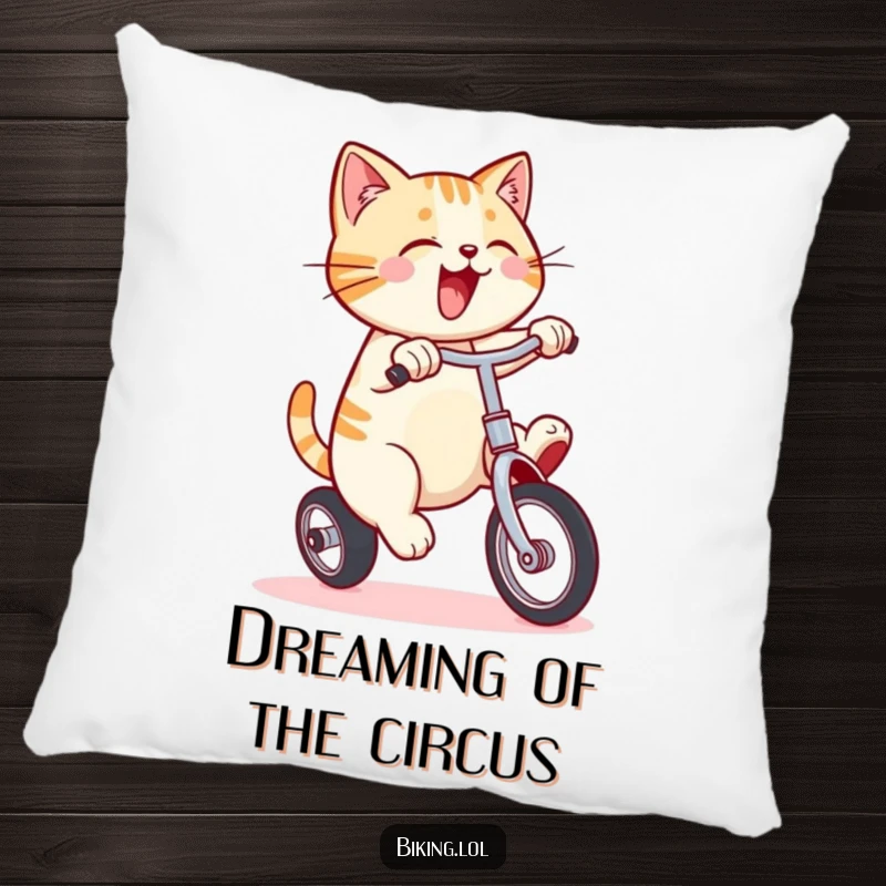 Funny pillow with a smiling cat pedaling a unicycle, a humorous and cozy accent for any room.