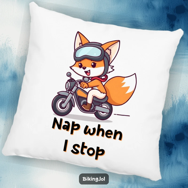 Funny fox pillow featuring a cub on a bike, wearing helmet and goggles, bringing plush comfort and humor, a wonderful funny gift.