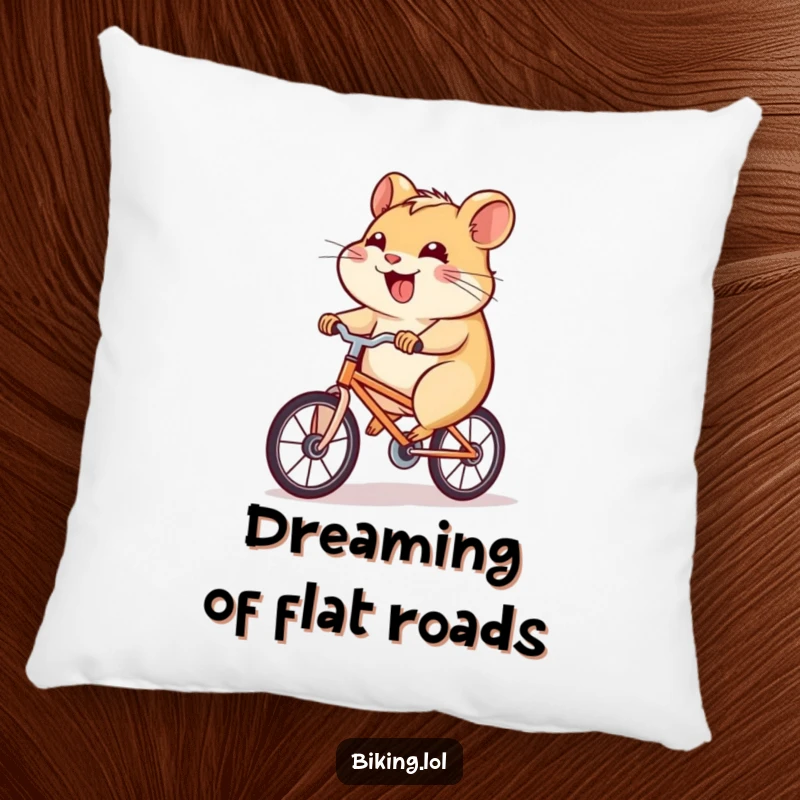 Funny hamster pillow featuring a determined hamster pedaling a tiny bicycle uphill with a joyful grin, soft and decorative.