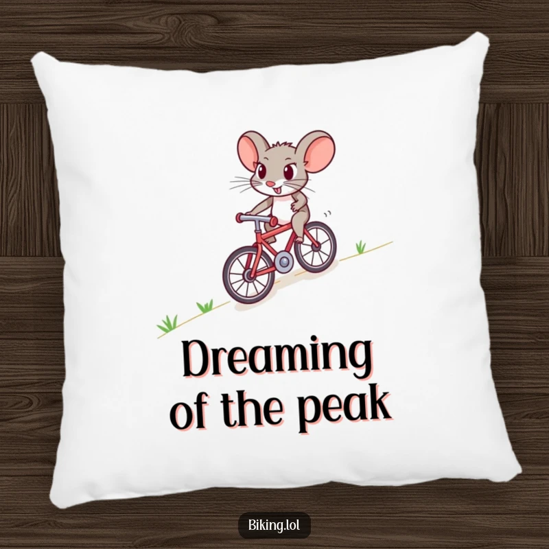Funny mouse pillow with a brave character bicycling uphill, a soft and humorous accent for any seating area.