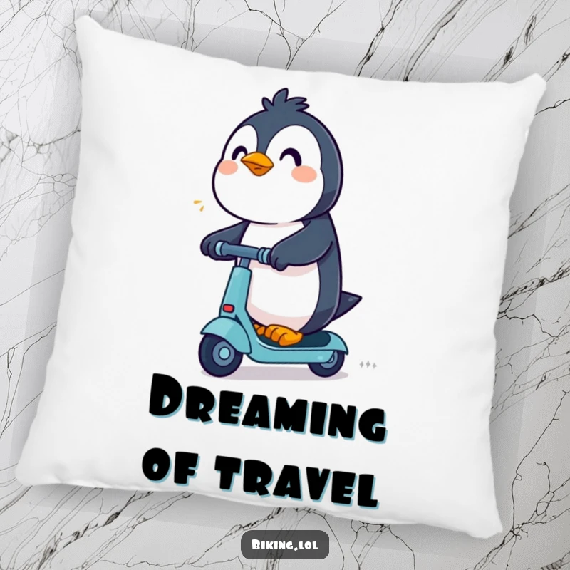 Funny Penguin Pillow: An excited penguin rides a scooter with determination, offering a cute and humorous decorative accent.