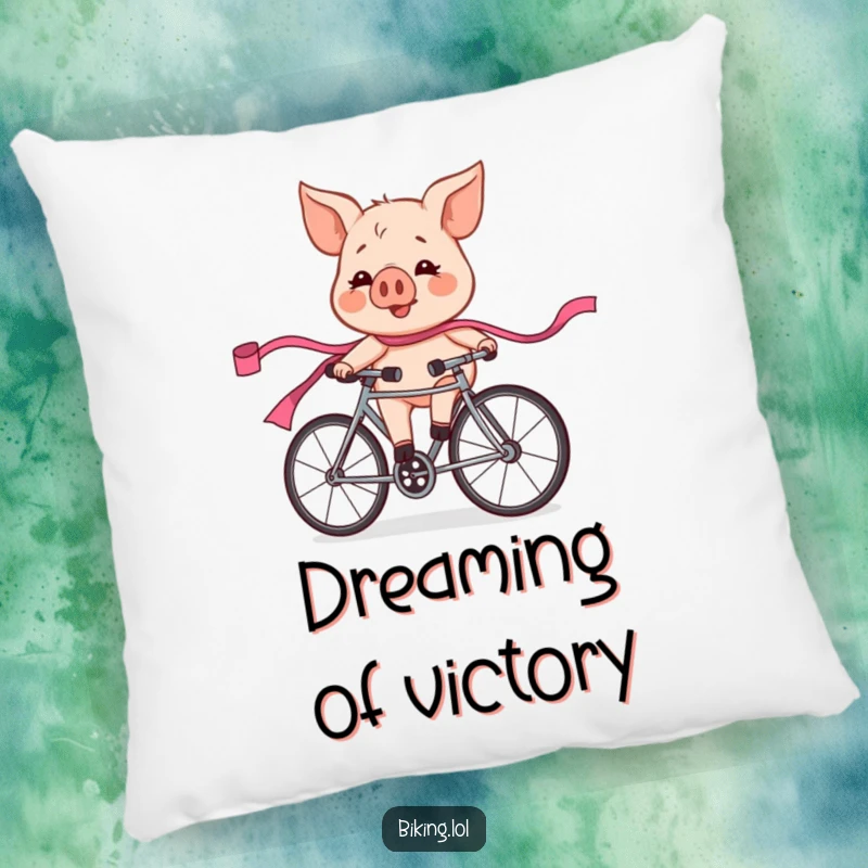 A soft pillow featuring a funny pig character in a bicycle race, looking flushed and exhilarated, trailing a pink ribbon.