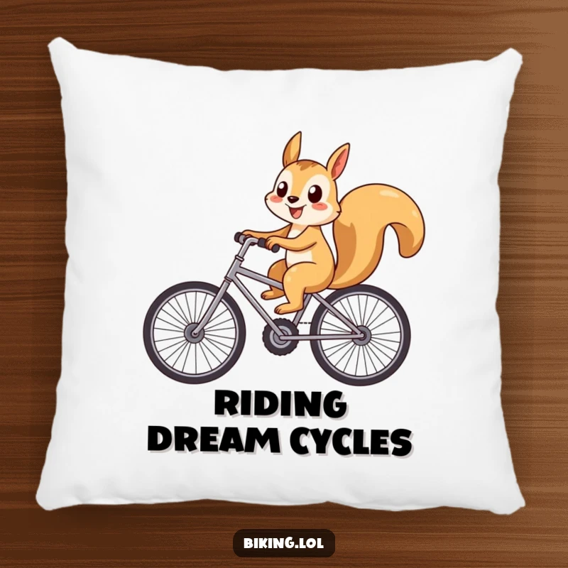 Funny playful squirrel riding a bicycle with oversized wheels, a soft and humorous decorative pillow.