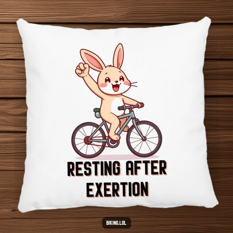 Funny pillow with a cheerful rabbit cycling uphill, pumping arm, plush and a great funny gift.