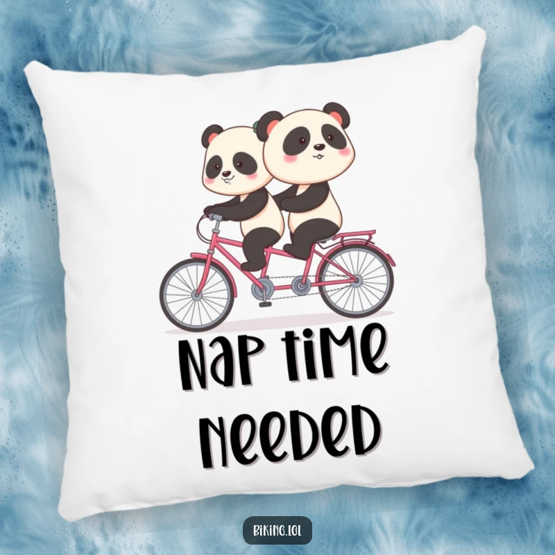 Funny panda pillow showing a shy panda attempting to pedal backward on a tandem bike, a cute and humorous home decor item.