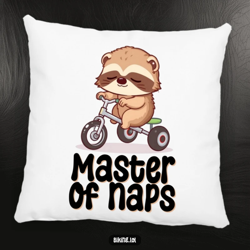 Funny pillow featuring a sleepy sloth slowly riding a tricycle, soft and comforting.