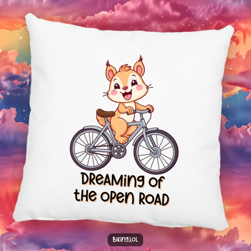 Funny squirrel on a bicycle with oversized wheels and a big smile, bringing comfort and humor to this decorative pillow.