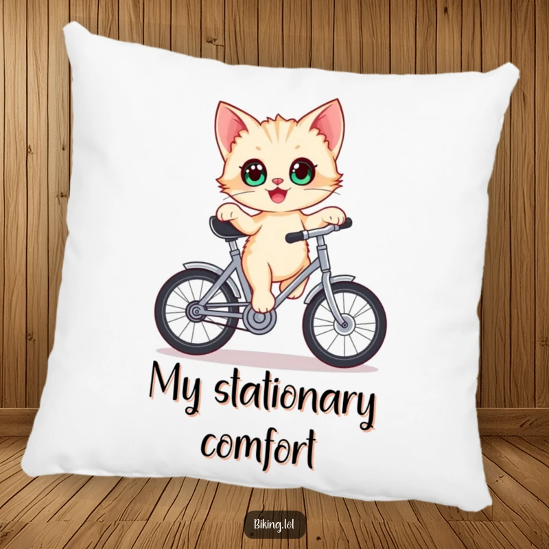 Funny kitten pillow, delighted kitten with wide eyes balancing on a stationary bicycle crank, offering soft comfort.