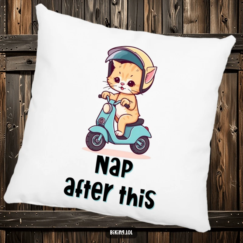 Funny pillow showing a wobbly kitten attempting to ride a scooter, its comically large helmet adding to the humor.