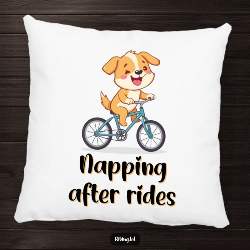 Funny pillow with a cartoon dog riding a tiny bicycle uphill, a humorous and cozy accent for any room.