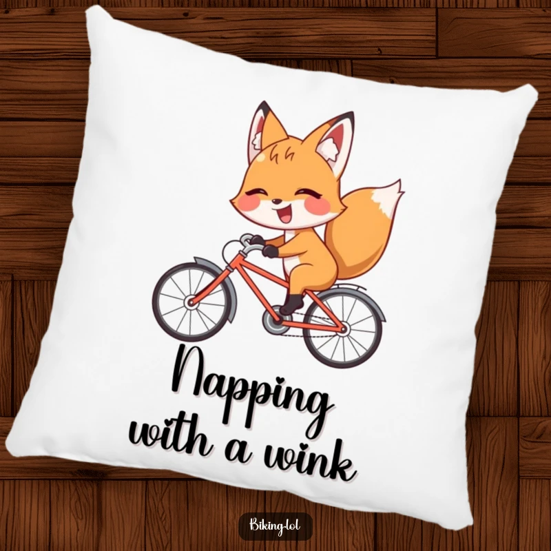 Funny fox pillow featuring a giggling fox riding a bicycle backward with a playful wink, soft and decorative.