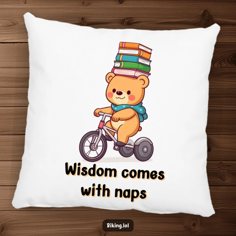 A soft pillow featuring a funny bear balancing books on its head while riding a tricycle, adding humor to any room.