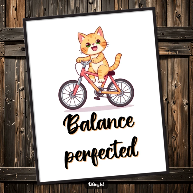 Funny cat wheelie digital art print of a confident cat performing a bike stunt, offering cool humor.