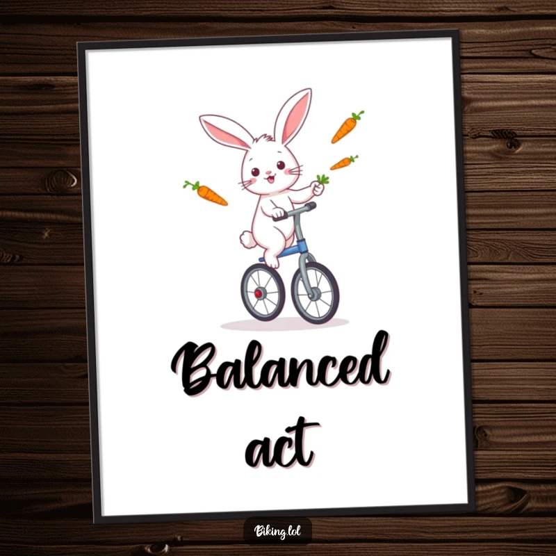 Funny rabbit performing an impressive juggling act with carrots while riding a unicycle, as a digital art print.