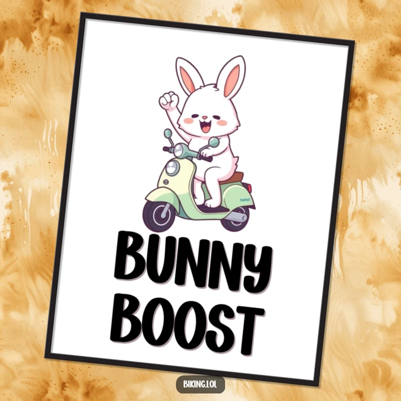Funny bunny digital art print of an enthusiastic bunny pumping its fist while riding a scooter, offering instant motivational decor.