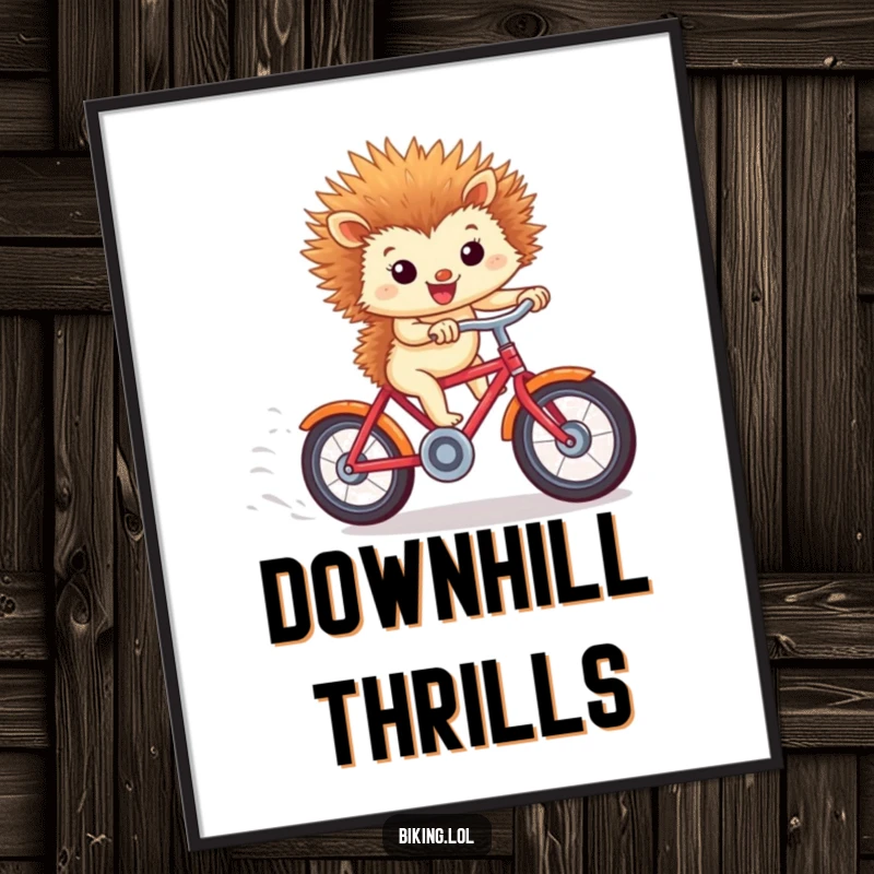 Funny digital art print of a tiny hedgehog speeding downhill on a bicycle, ears flying, a humorous accent.