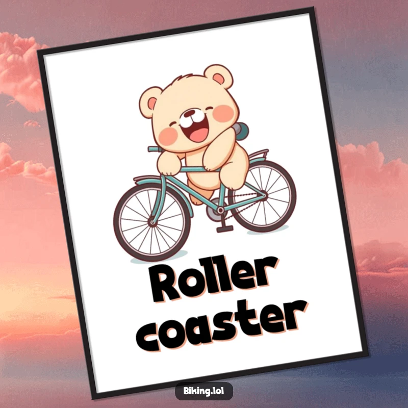 Funny bear cub digital art print of a laughing bear cub making a silly face while falling off a bicycle.
