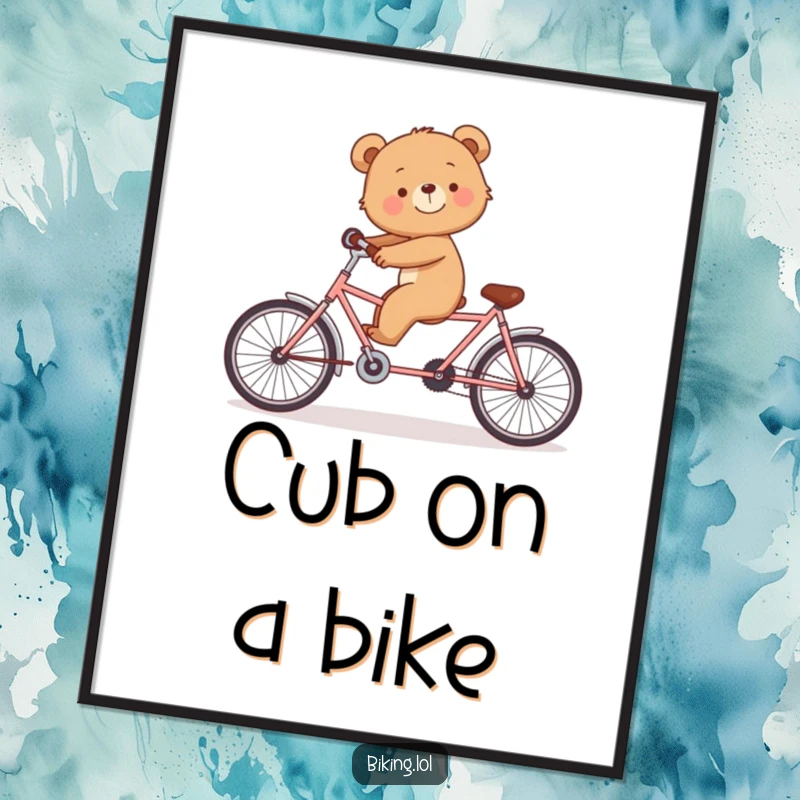 Funny digital art print of a smiling bear cub struggling to keep balance on a tandem bicycle alone.