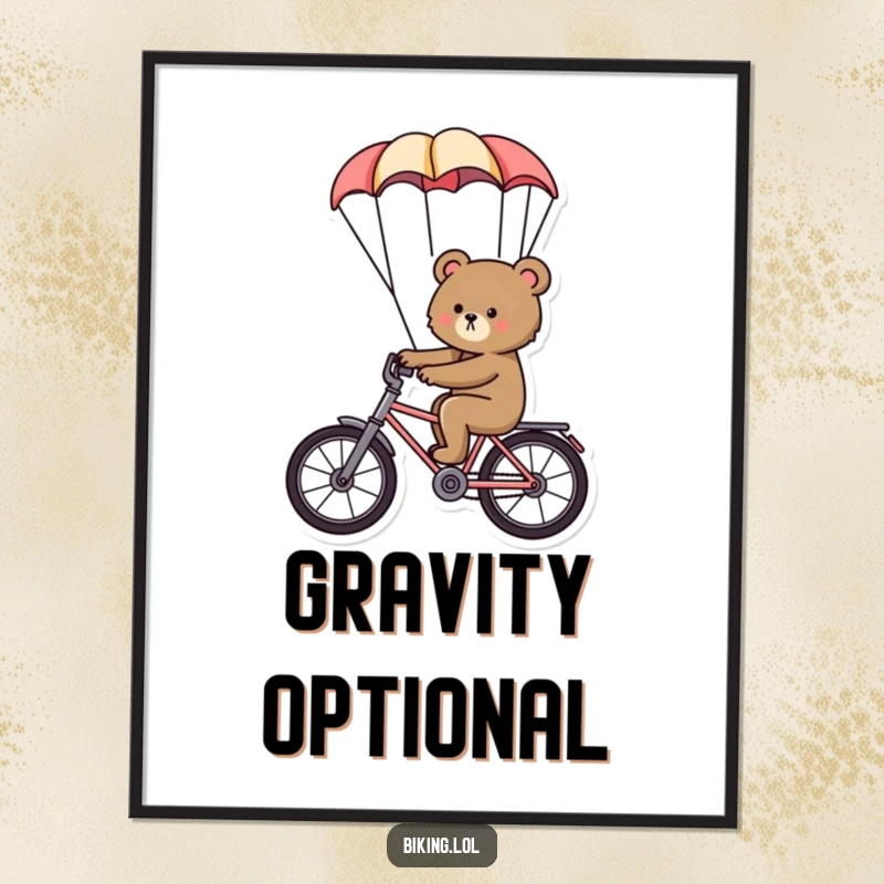 Funny bear digital art print, a determined bear riding a bike with a parachute, instant download bold decor.