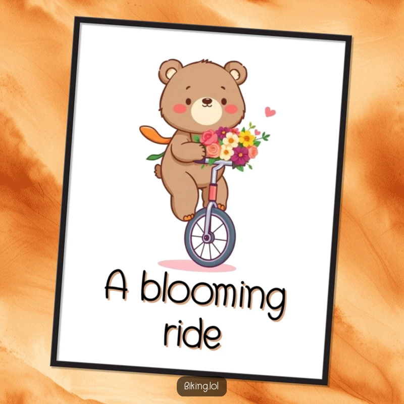 Funny bear digital art print of a determined bear riding a unicycle, holding a bouquet of flowers, charming and humorous.