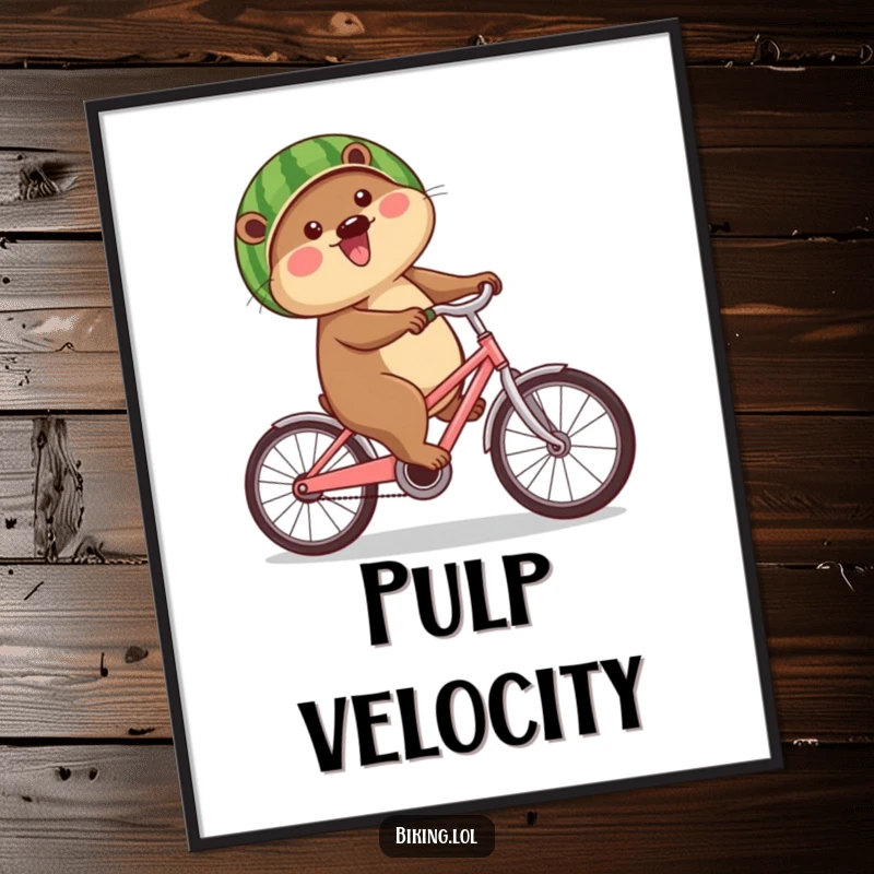 Funny beaver digital art print of a happy beaver biking with a watermelon helmet, instant downloadable humor for any room.