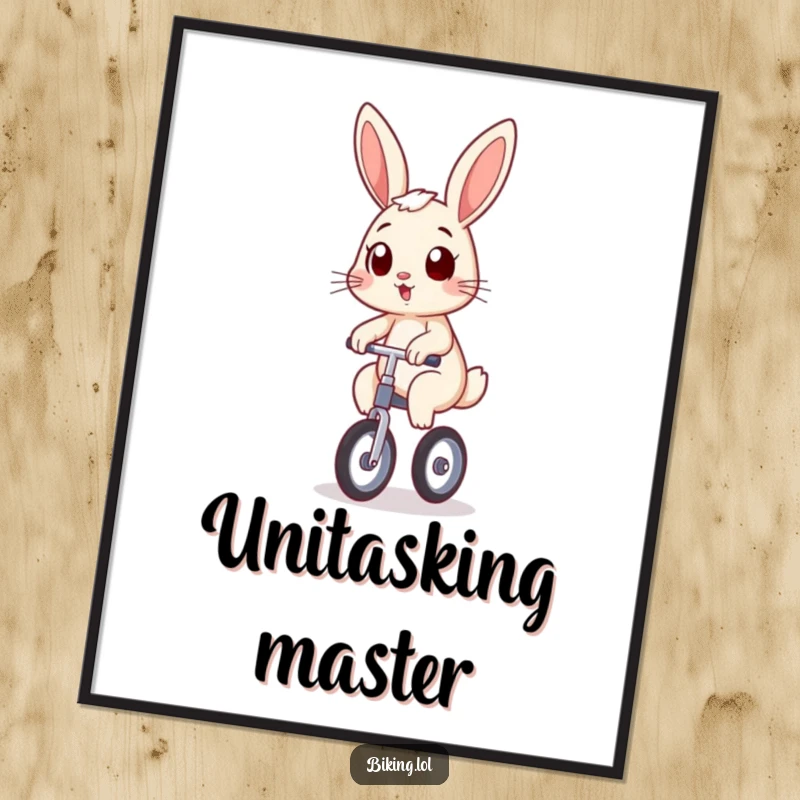 Funny bunny art, digital download, bunny wobbling on a unicycle with a determined grin, a humorous and charming funny gift.