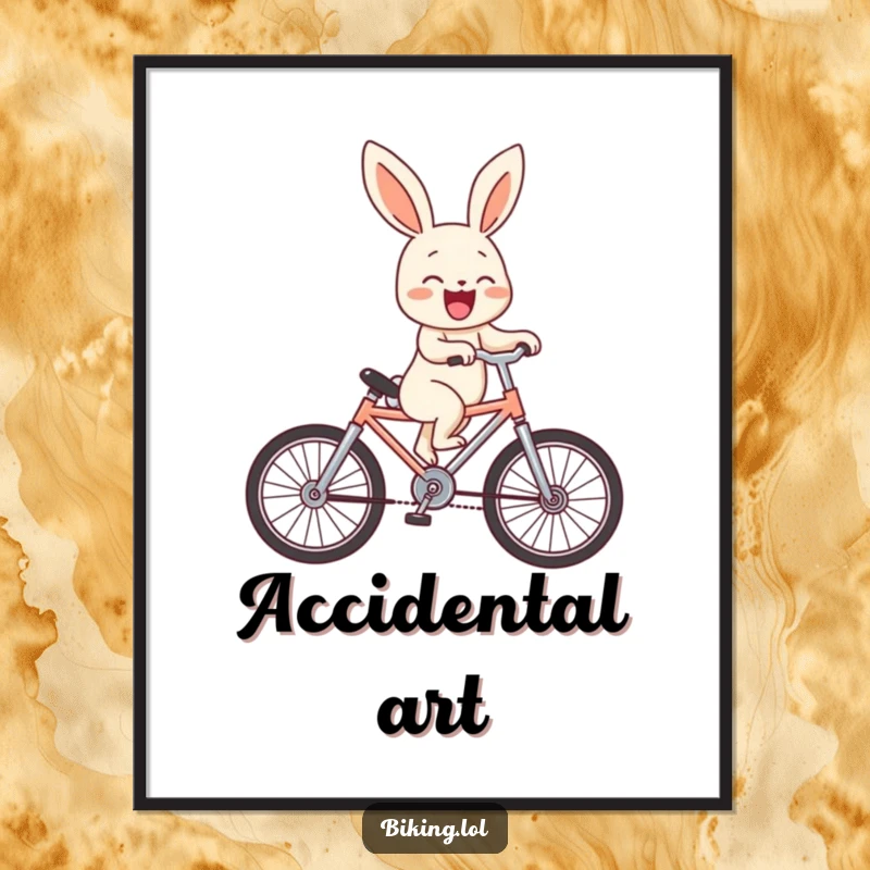 Funny bunny character performing a wheelie on a miniature bicycle, laughing hysterically, as a high-resolution digital art print.