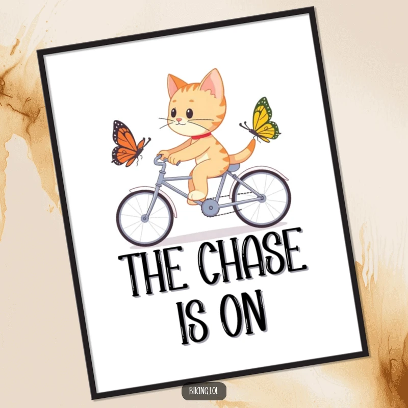 Funny digital art print of a determined cat chasing a butterfly on a tandem bicycle, representing playful focus and a love for the chase.