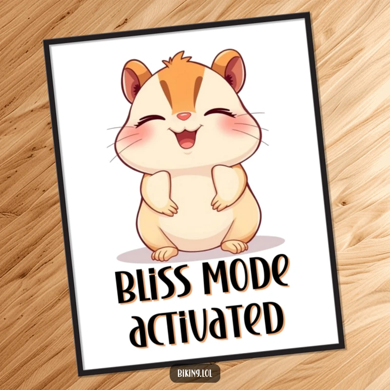 Funny chipmunk digital art print, a beaming chipmunk pedaling a bike with closed eyes in pure bliss, instant download joyful decor.