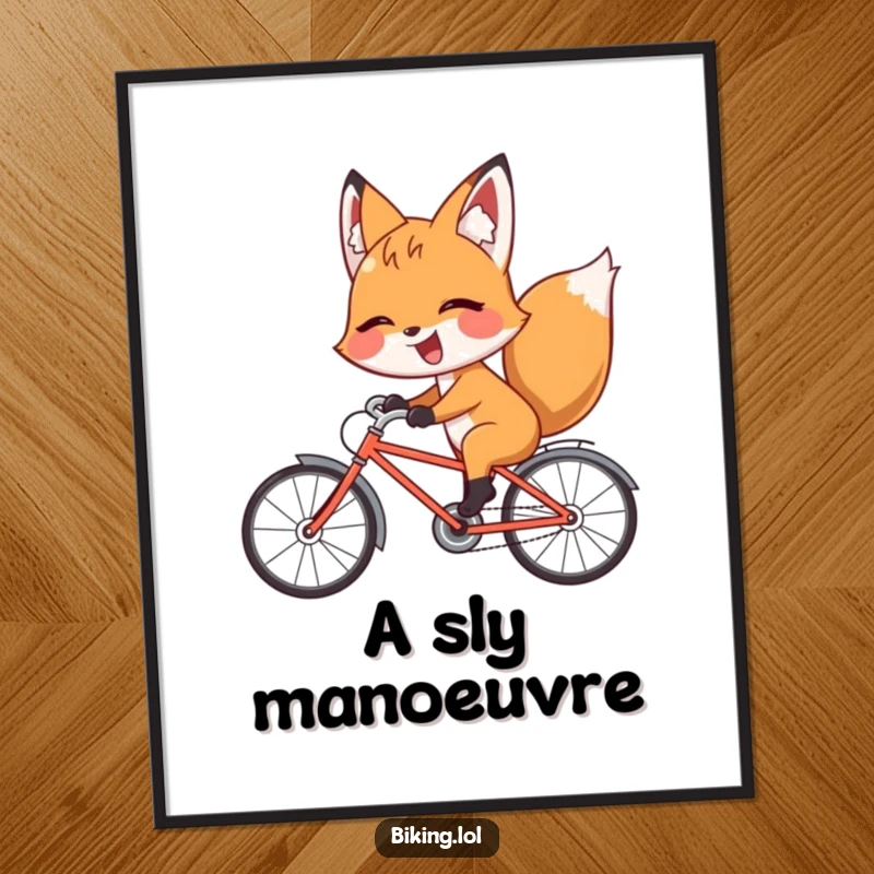 Funny fox digital art print of a giggling fox riding a bicycle backward with a playful wink, vibrant and humorous.