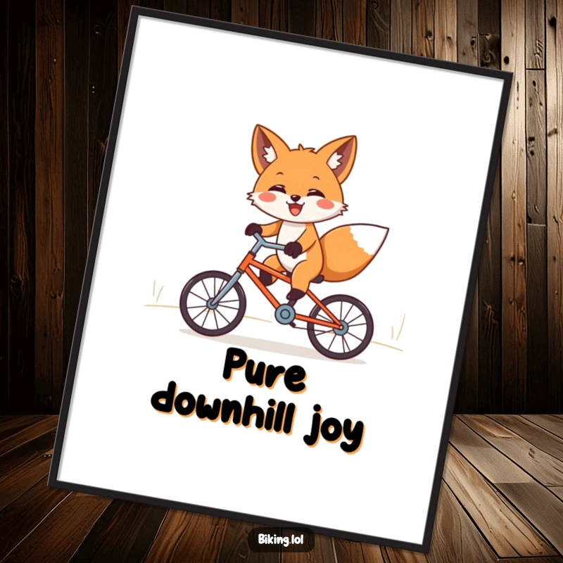 Funny fox bicycle digital art print, joyfully riding a tiny bicycle downhill with paws outstretched, full of exhilaration.