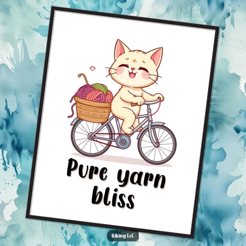 Funny digital art print of a giggling cat joyfully riding a bicycle, its yarn-filled basket ready to inspire laughter and delight on your walls.
