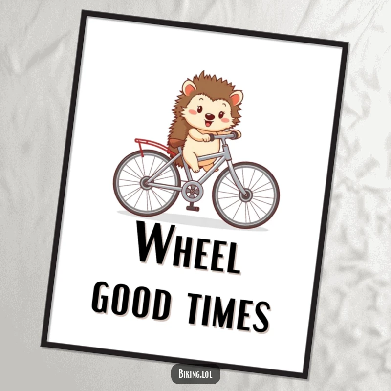 Funny digital art print of a happy hedgehog pedaling a tiny bicycle with oversized wheels, a wonderfully whimsical and adventurous piece.