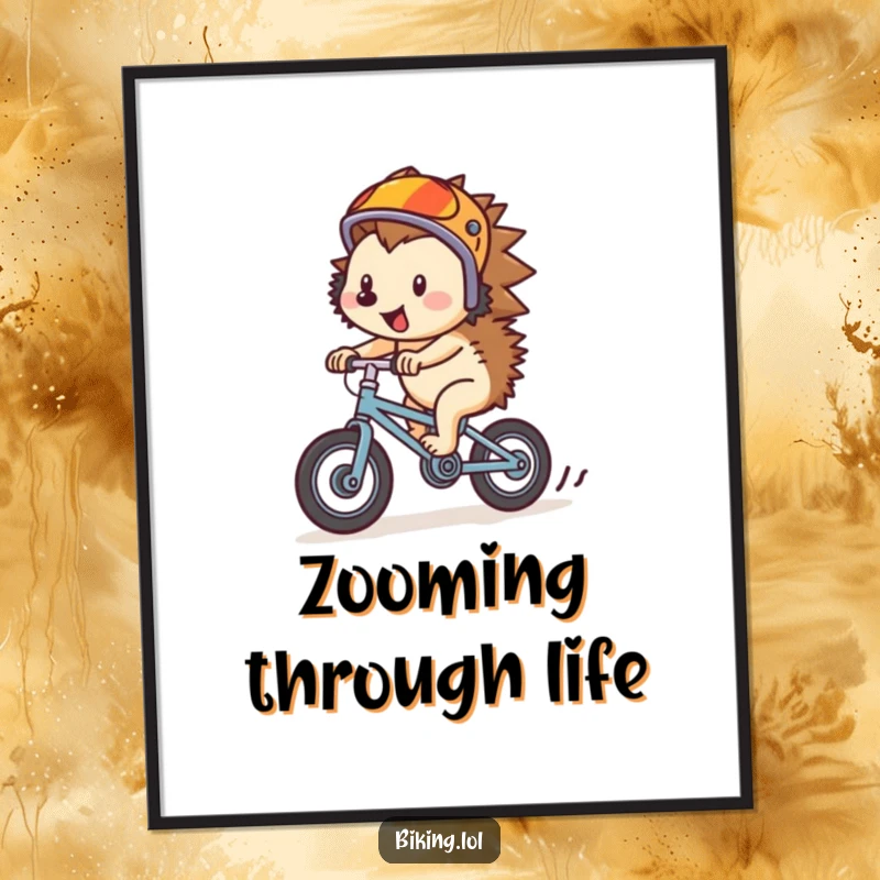 Funny hedgehog in helmet, cycling fast downhill on a small bike, as a digital art print, full of energy.