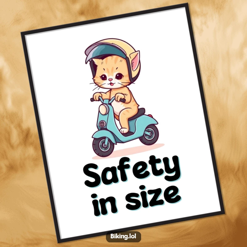 Funny digital art of a wobbly kitten riding a scooter, wearing a comically large helmet, full of courage.