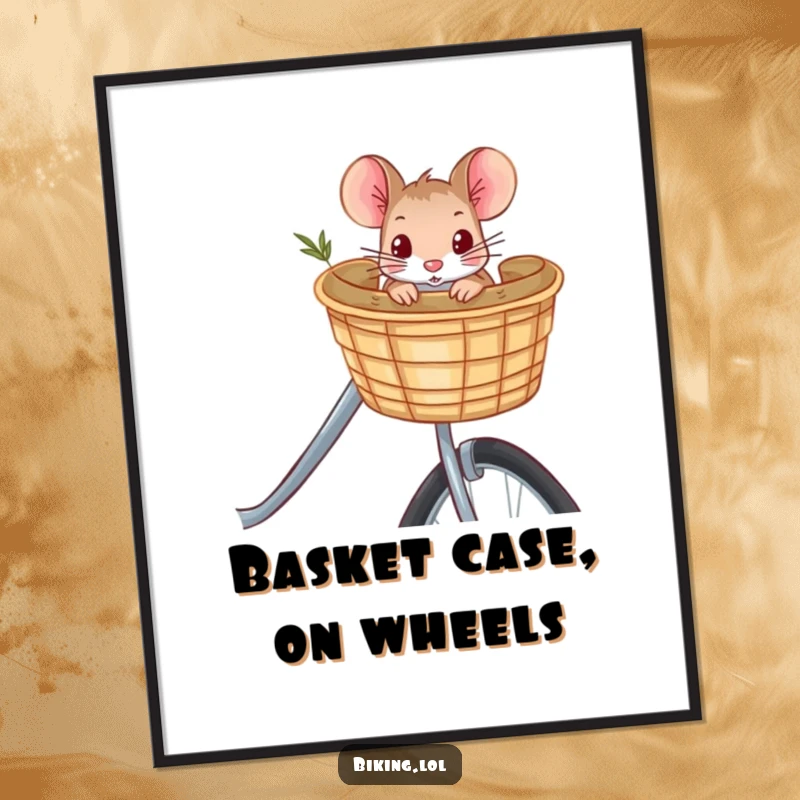Funny curious mouse peeking from a bicycle basket, a whimsical digital art print, perfect for instant download and humorous home decor.