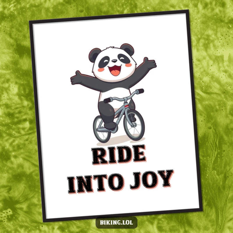 Funny panda bicycle digital art print, a joyous panda riding a tiny bicycle downhill with a huge smile and arms outstretched, high-quality decor.