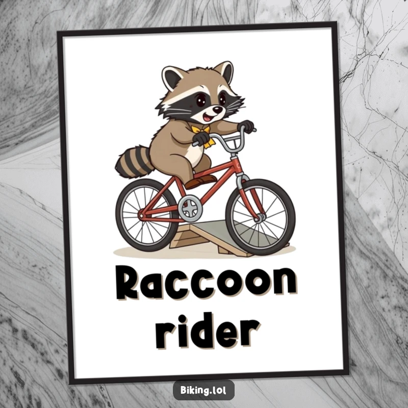 Funny playful raccoon attempting a jump over a small ramp on a vintage bicycle as a digital art print.