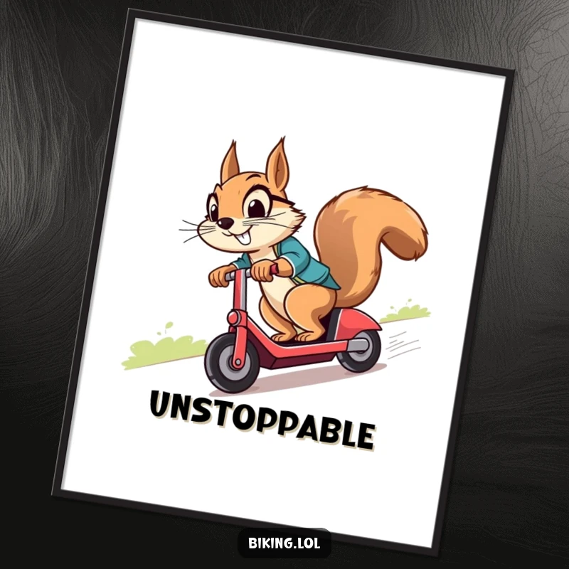 Funny squirrel with a cheeky grin, masterfully navigating a scooter downhill, available as an instant digital art print.