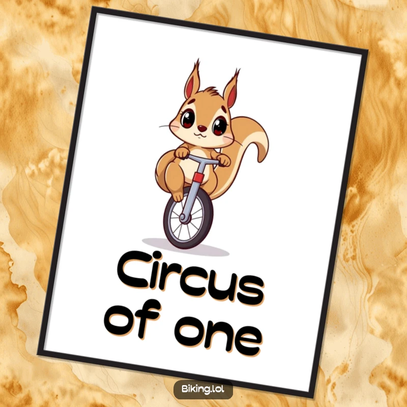 Funny squirrel digital art print of a surprised squirrel pedaling a unicycle, offering instant humorous wall decor.