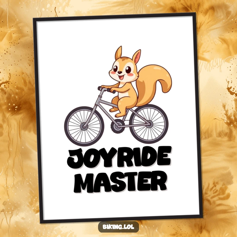 Funny playful squirrel riding a bicycle with large wheels and a big smile, a humorous digital art print.